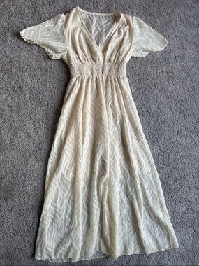 Cream V-Neck Smocked Waist Maxi Dress